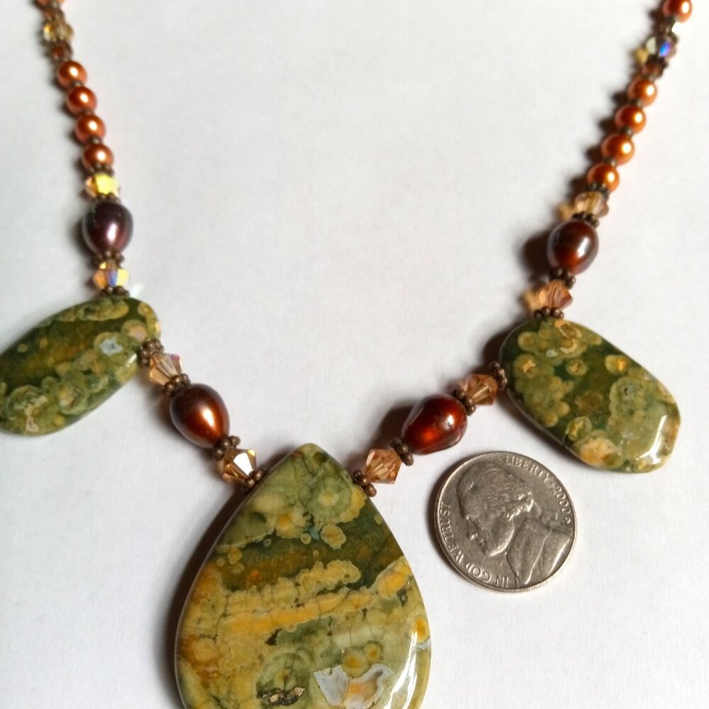 Artisan Rainforest Rhyolite Jasper and Pearl Necklace